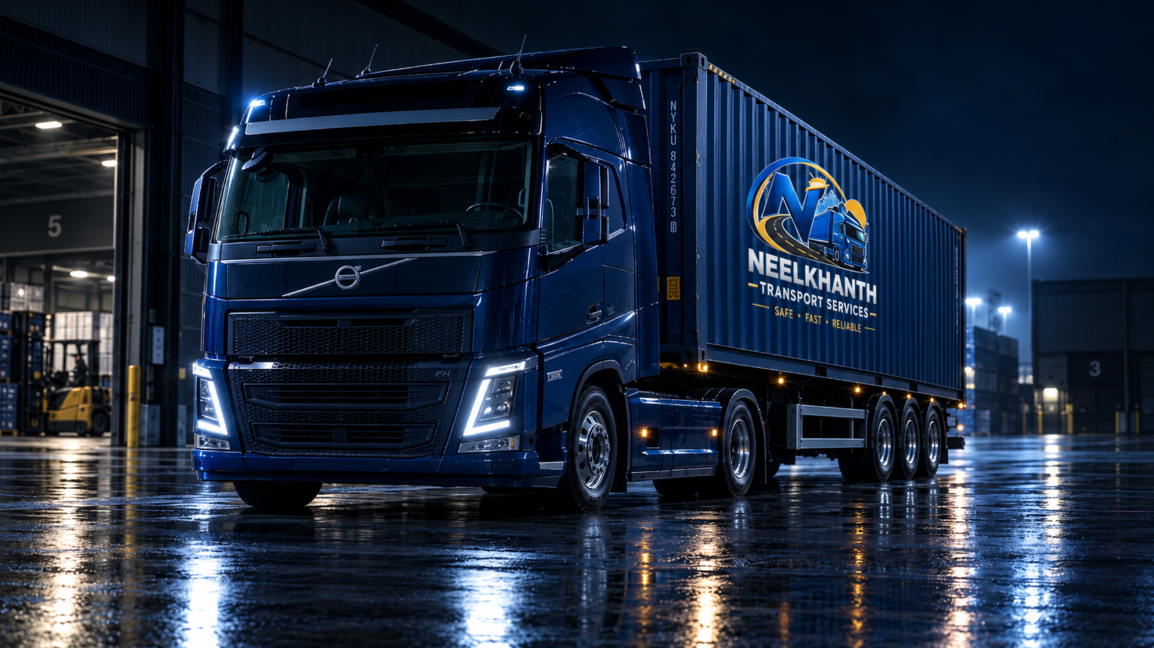 Container truck in a depot at night